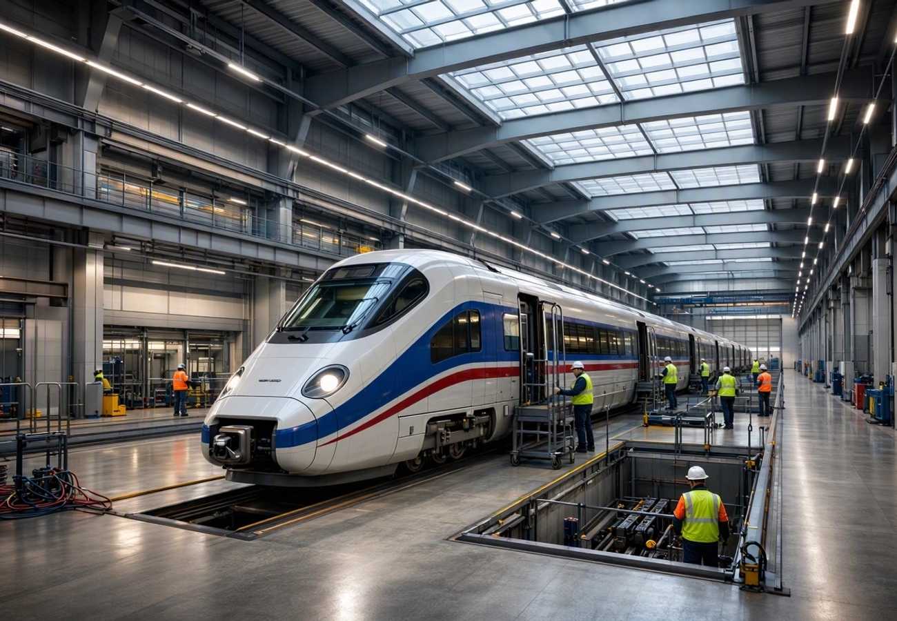 Aerial view of a modern railway maintenance facility with multiple tracks