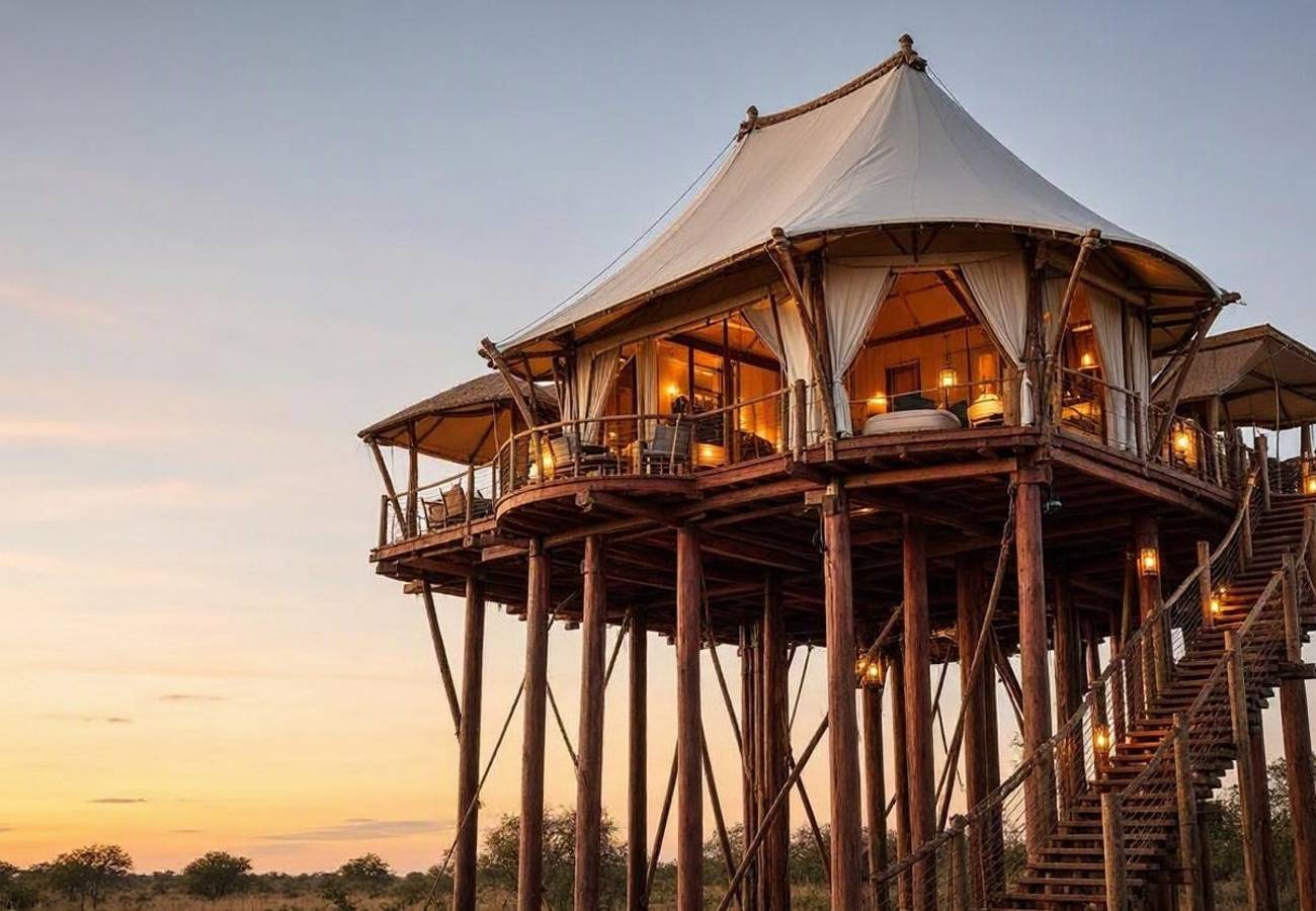 Aerial view of elevated luxury tented suites in Zambia's Kafue National Park