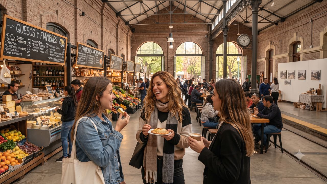 Historic brick railway station building repurposed into a lively open-air market in Argentina