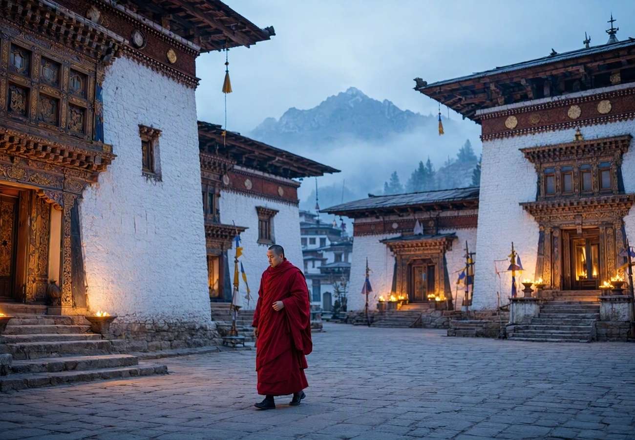 Traditional Bhutanese architecture and luxury resort in Paro valley