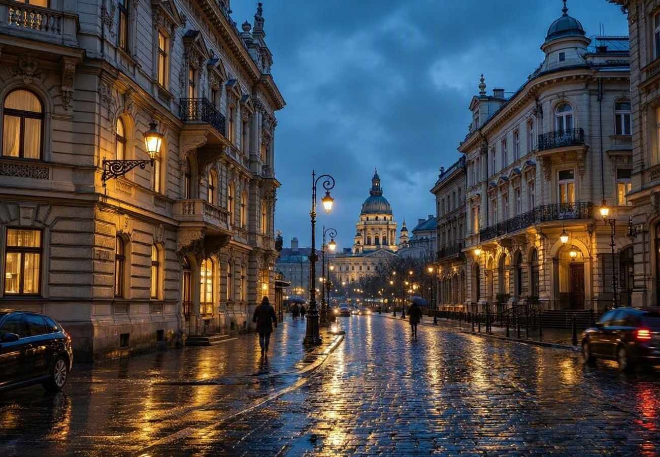 Aerial view of Budapest city center and historic architecture