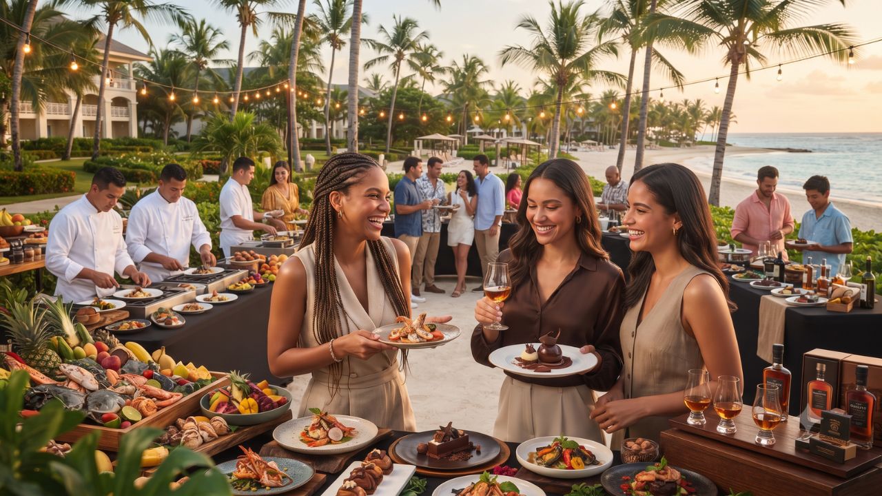 Plated Caribbean gourmet seafood dish beside an oceanfront dining table in Punta Cana
