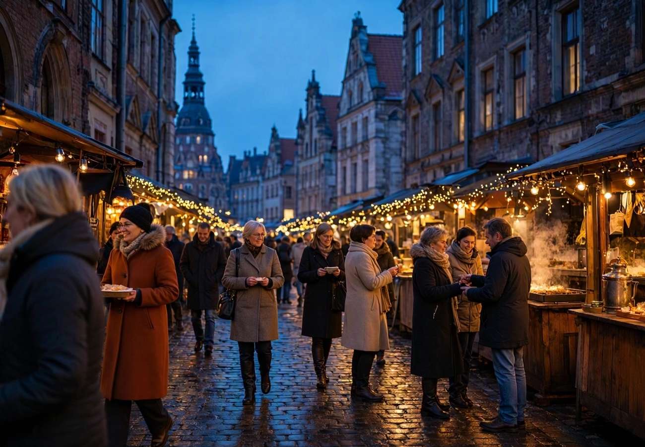 Aerial view of a traditional European Christmas market with illuminated stalls and historic architecture