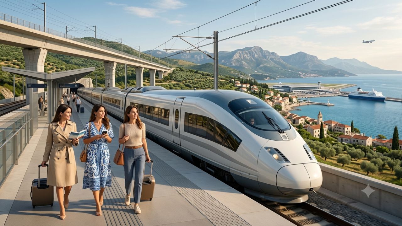 Modern European high-speed passenger train crossing a dramatic scenic viaduct along the Atlantic rail corridor