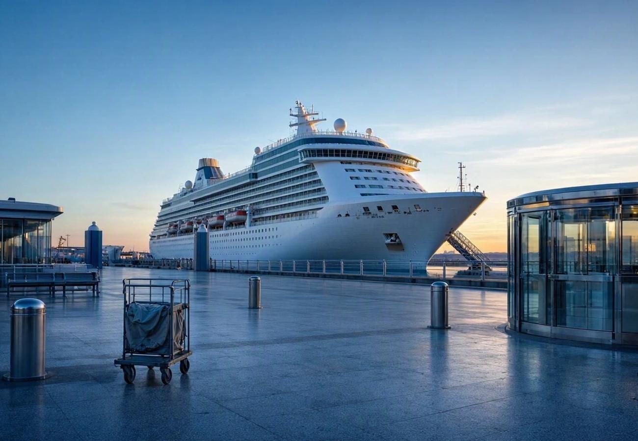 Cruise ship docked at a port during geopolitical instability