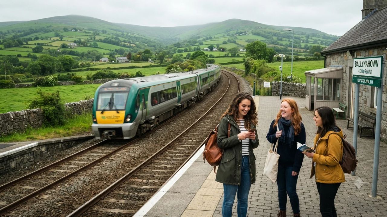 Modern streamlined passenger train traveling across green rolling hills and railway viaducts in Ireland