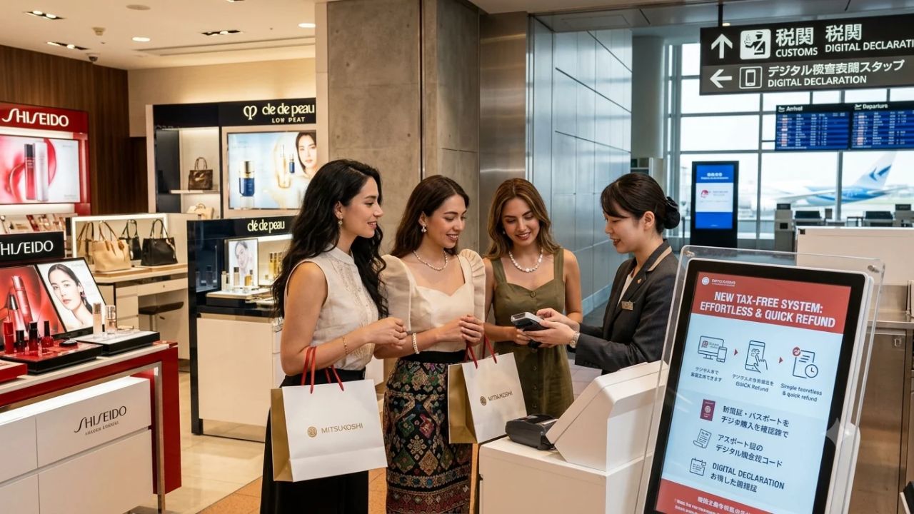 Modern Japanese airport international departure terminal with automated Customs tax-free inspection kiosks and travelers with luggage