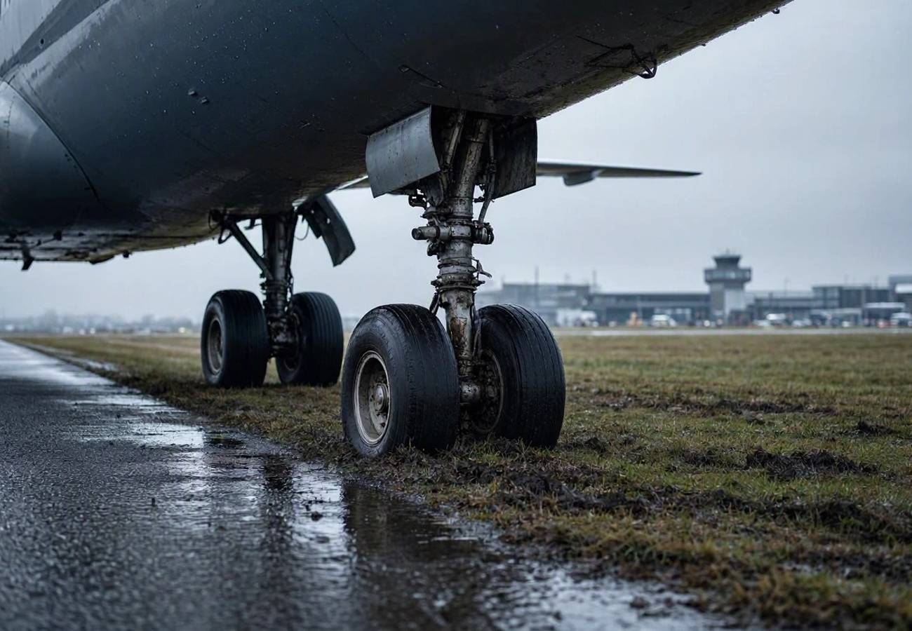 Boeing 737 aircraft on a runway during severe weather conditions