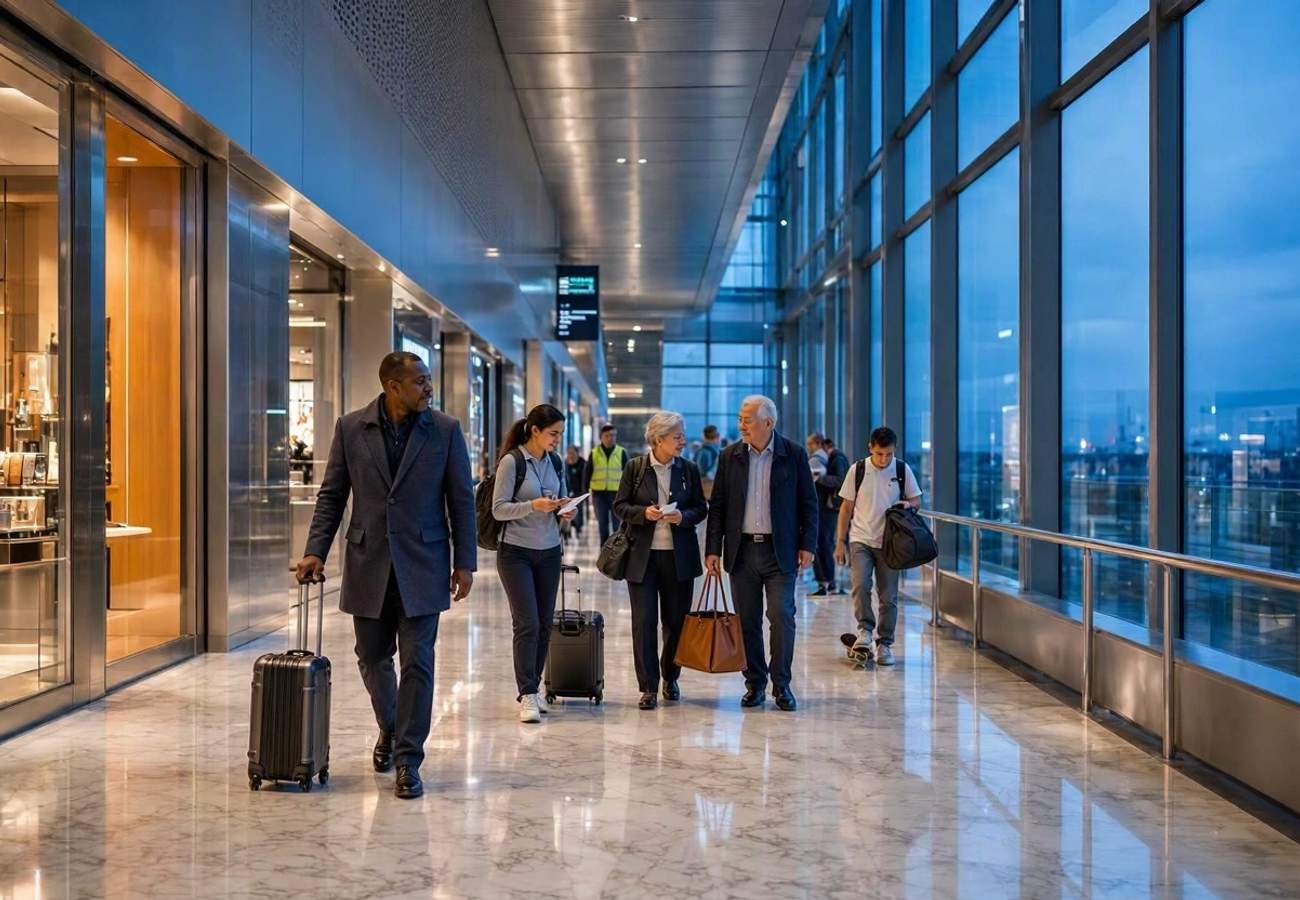 Modern airport terminal retail area with luxury shops and dining