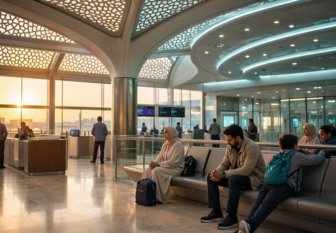Aerial view of a major Middle Eastern airport terminal during peak hours