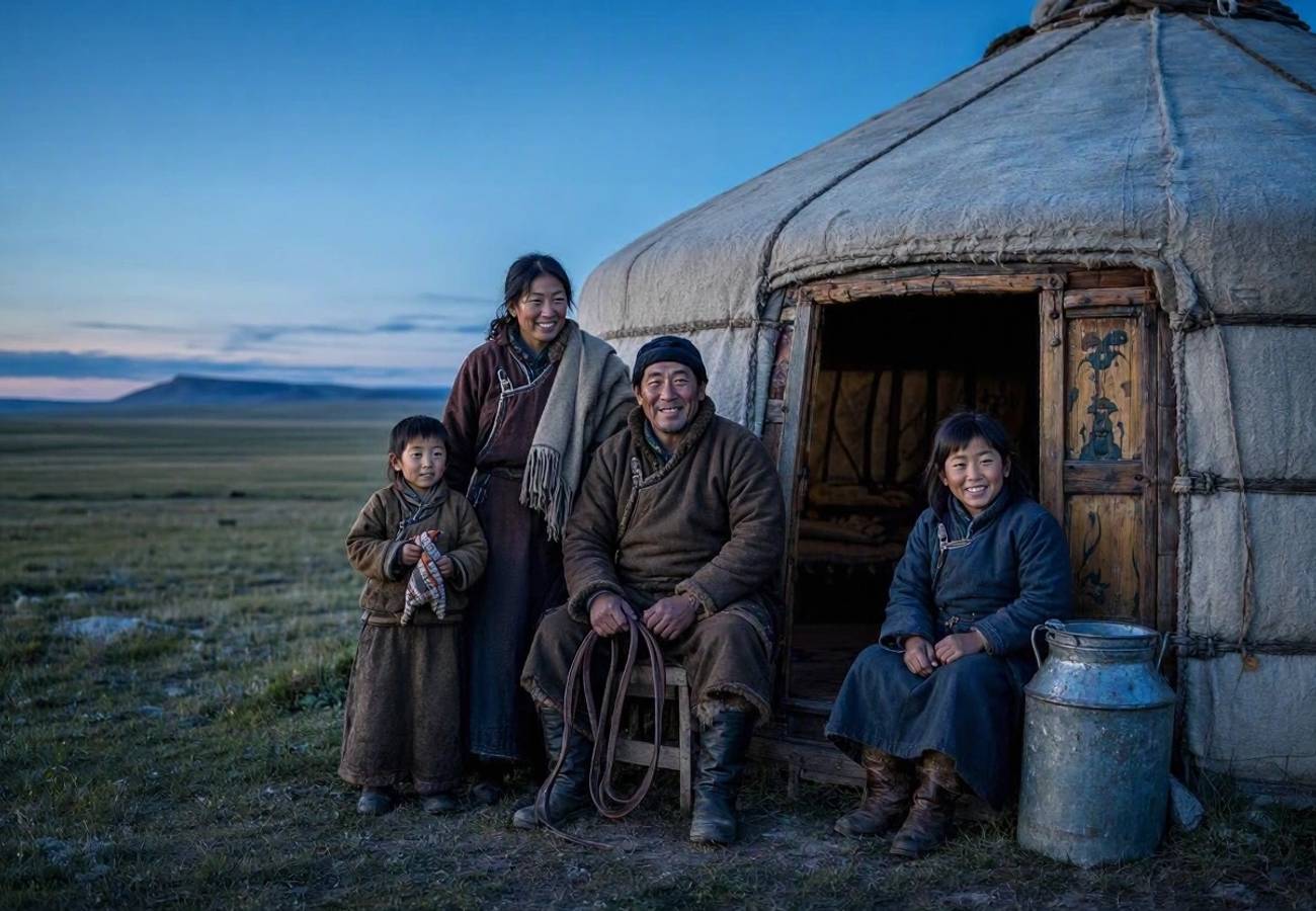 Traditional Mongolian ger on the open steppe under a wide horizon