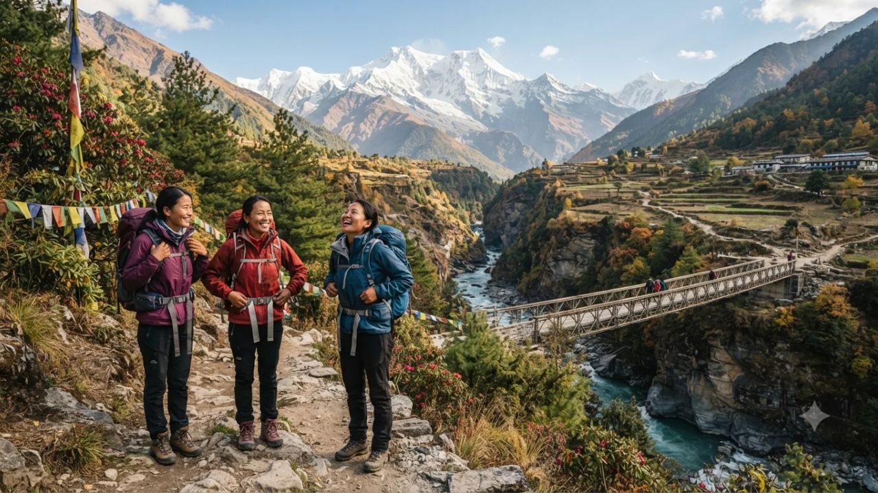Trekking suspension bridge and rugged mountain trail in the Nepal Himalayas with autumn clear skies