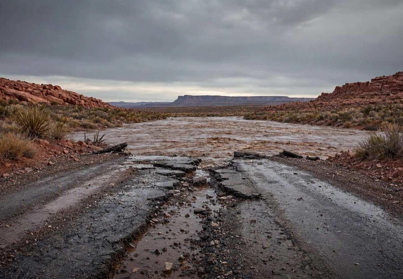 Flooded landscape in the American Southwest showing submerged roads and river overflow