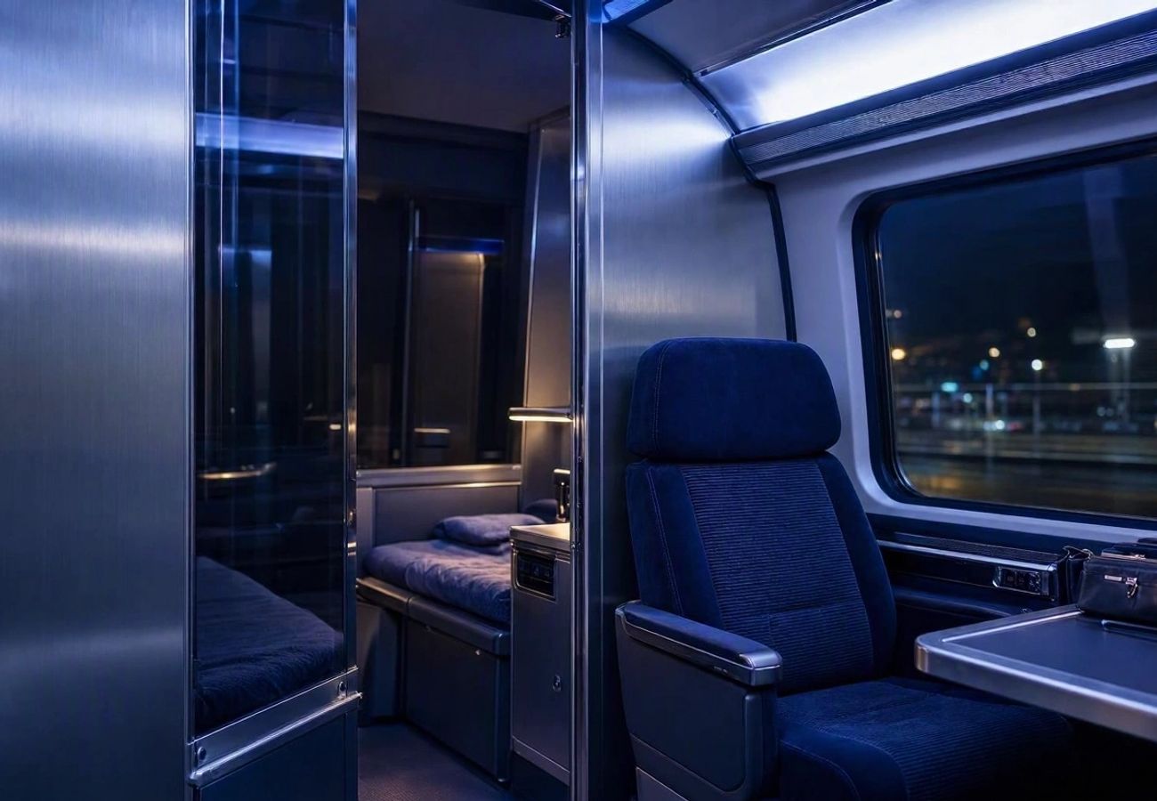 Modern private sleeper cabin on a Nox Mobility night train