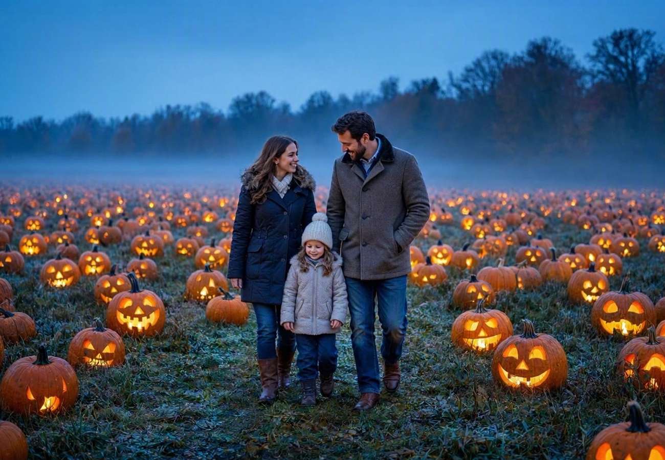 Glowing carved pumpkins lining a dark trail in Winnipeg