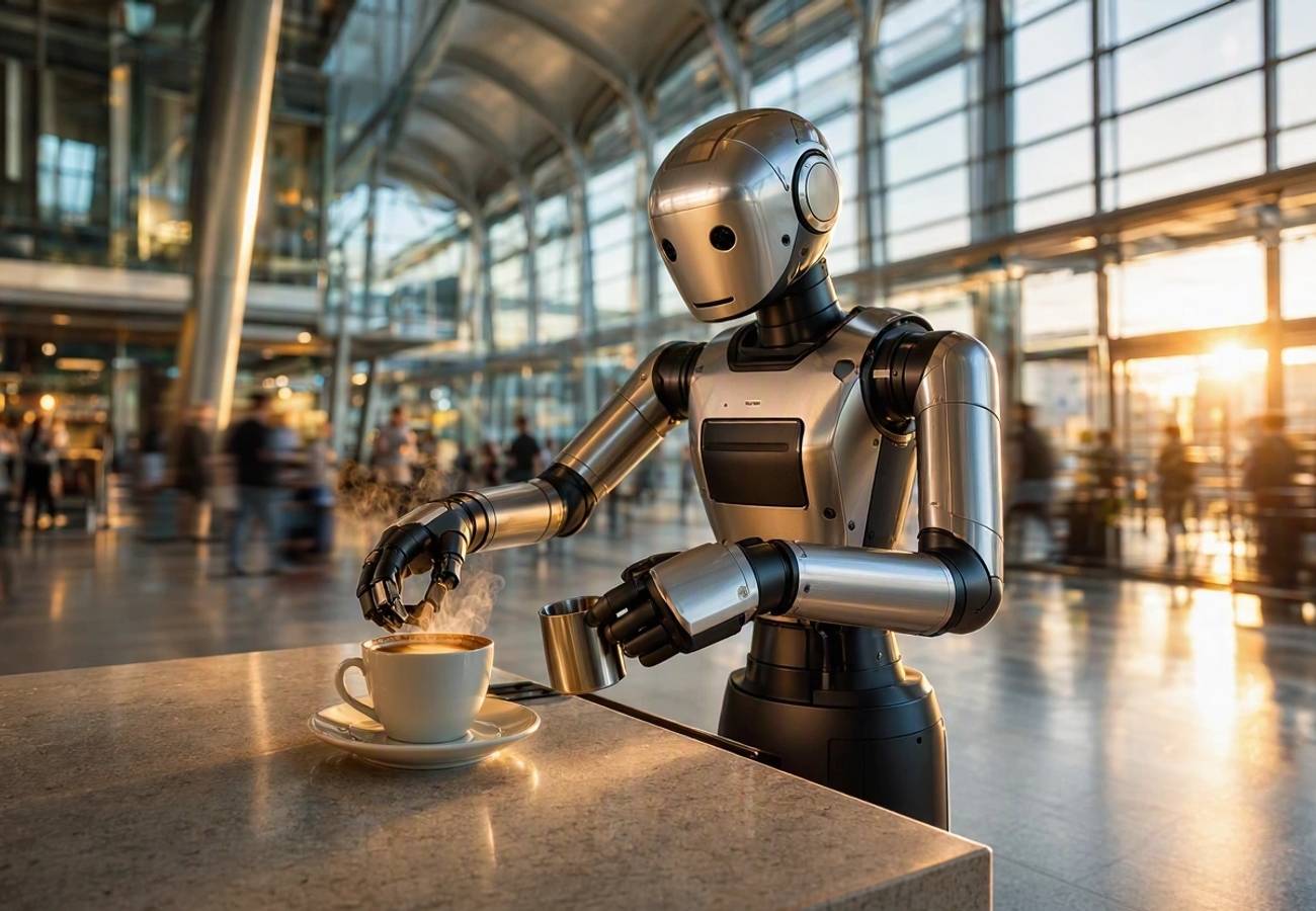 ADAM dual-arm robotic barista preparing coffee in an airport setting