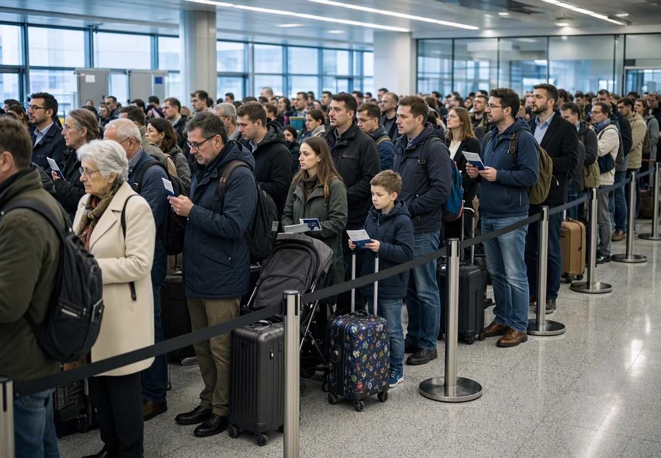 Crowded airport terminal with long queues at passport control