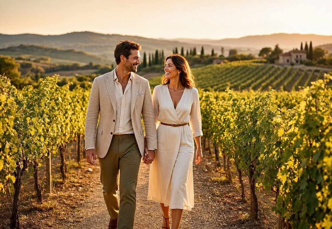 Rolling vineyards of the Italian countryside with a luxury villa in the background