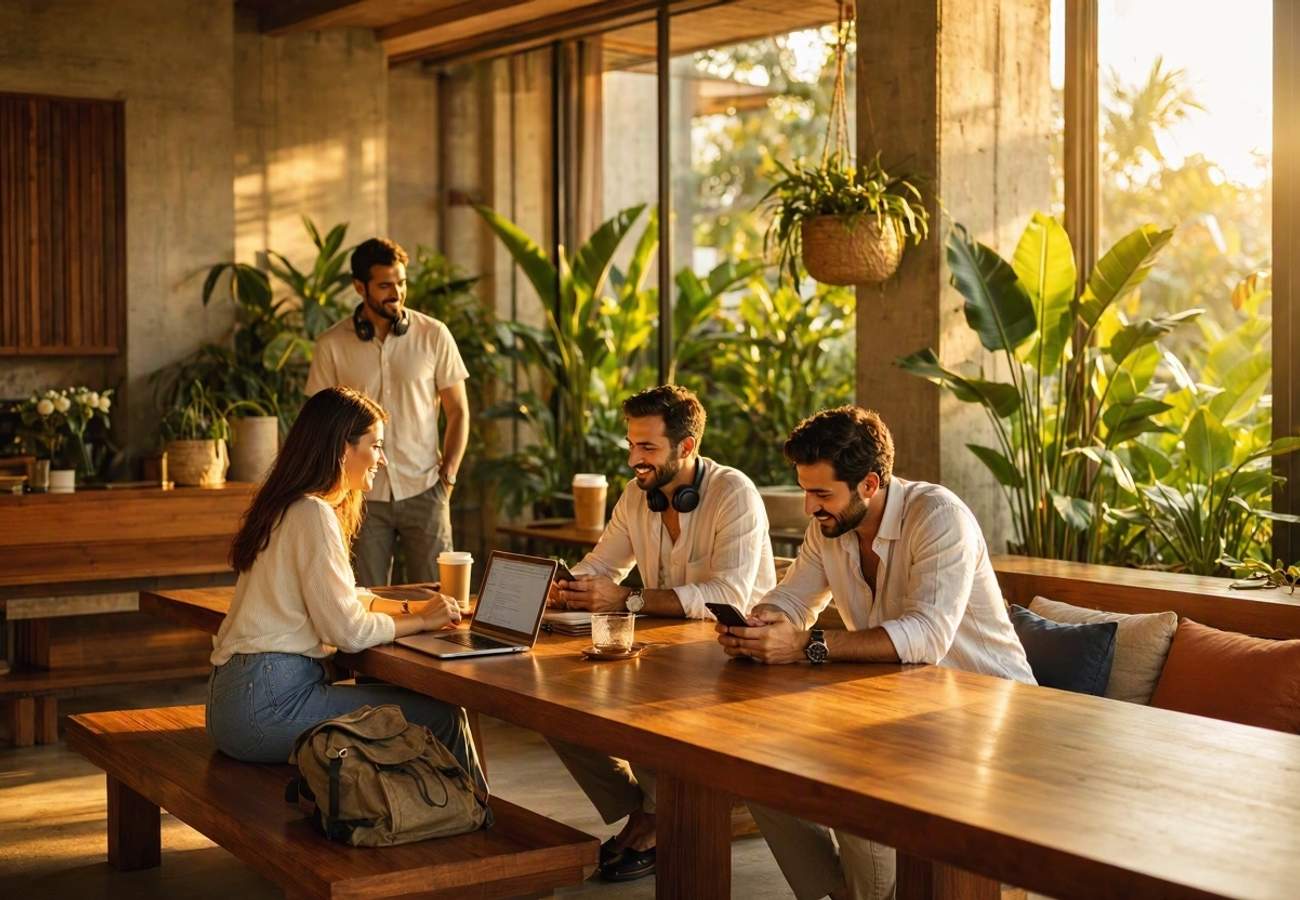 Modern boutique hostel interior in Southeast Asia with co-working spaces