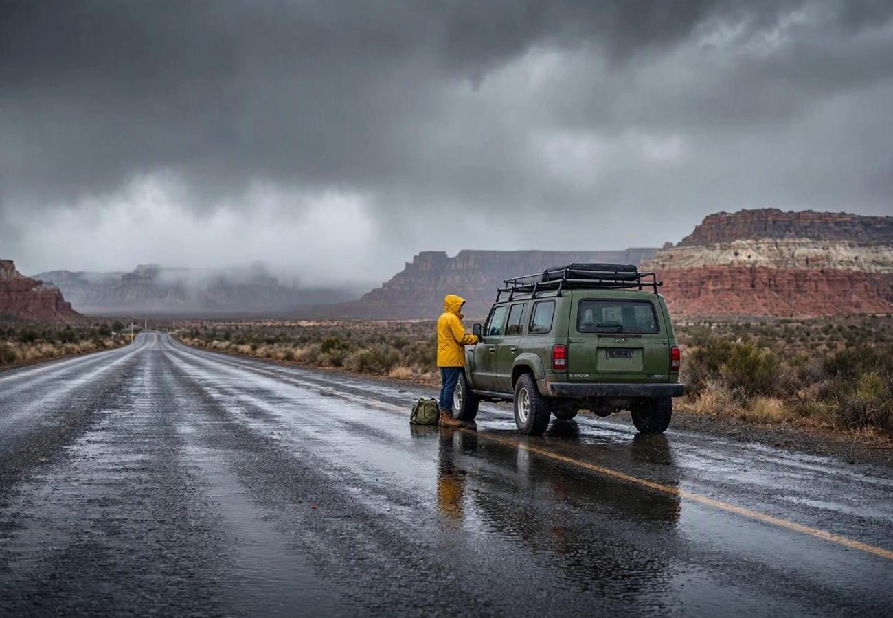 Storm clouds gathering over the Southwestern United States desert landscape
