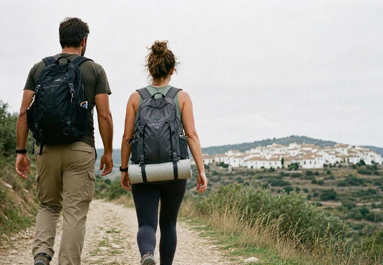 A pedestrian hiker on a rural Spanish trail representing the slow travel movement