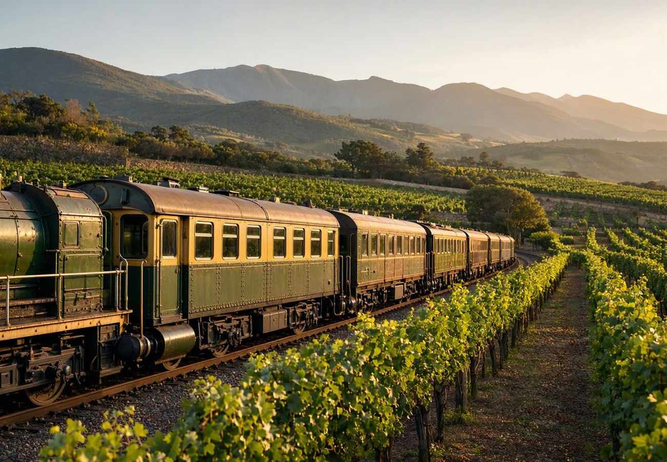 Vintage passenger train traveling through the Western Cape vineyards