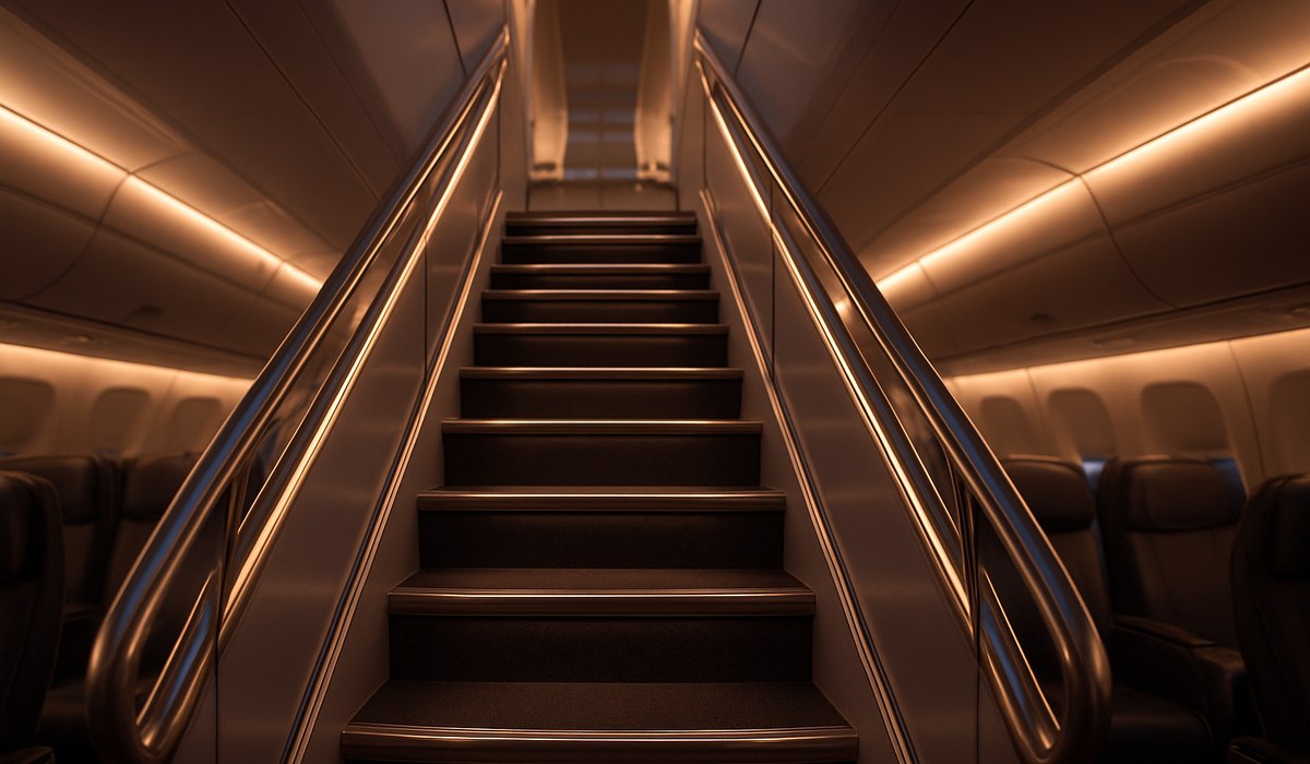 Airbus A380 interior staircase connecting upper and lower decks, aircraft cabin architecture 2026