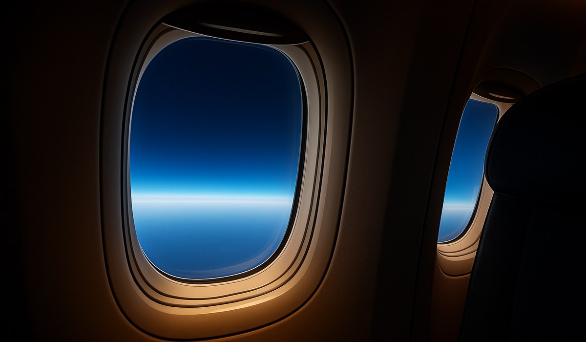 Modern aircraft cabin interior showing passenger seating and pressurization systems at altitude, 2026