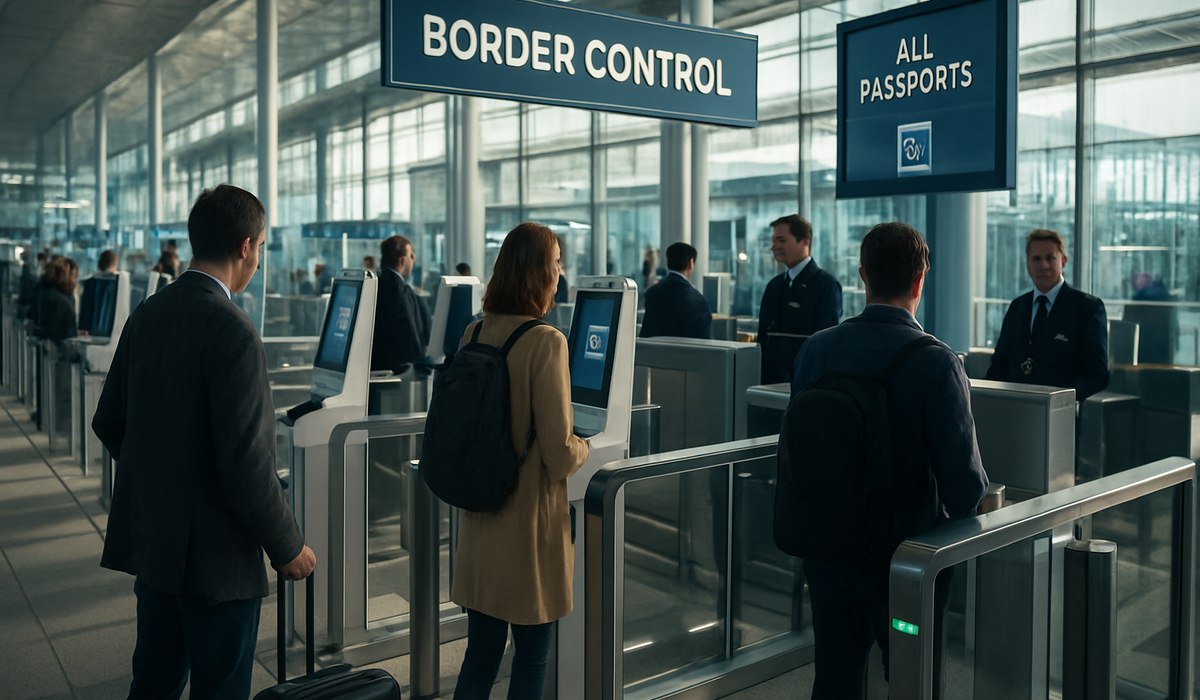 French border officer processing traveler biometric data at EES kiosk, April 2026