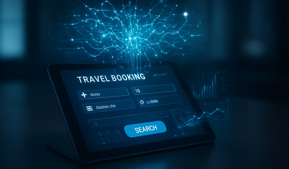 Expedia headquarters with AI technology visualization, 2026