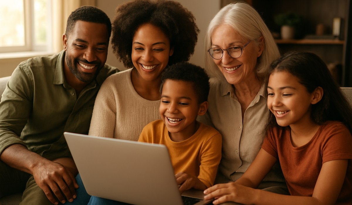 Family using AI travel assistant on mobile device, 2026