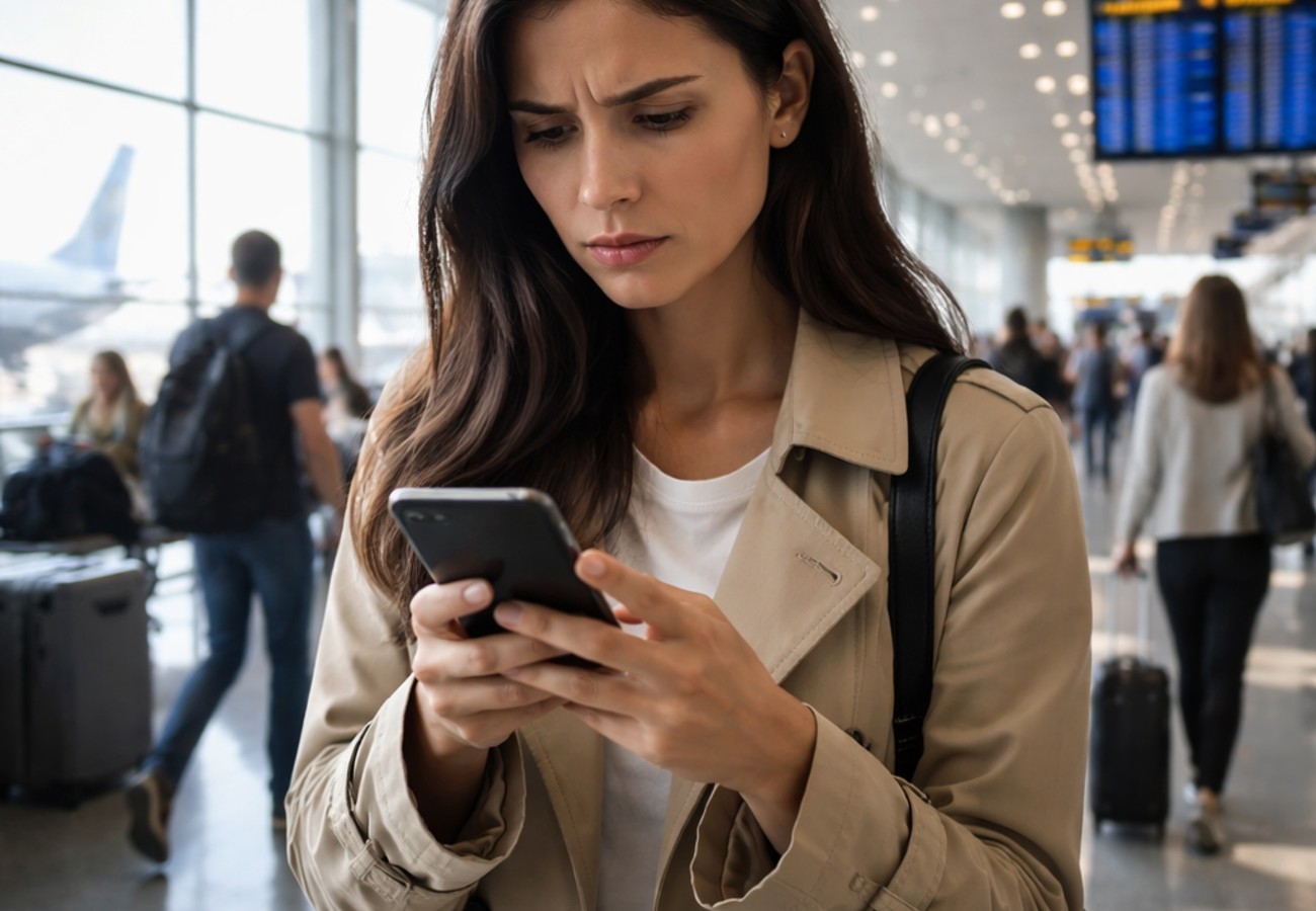 Asian traveler using smartphone at airport with digital eSIM security icons and aircraft in background