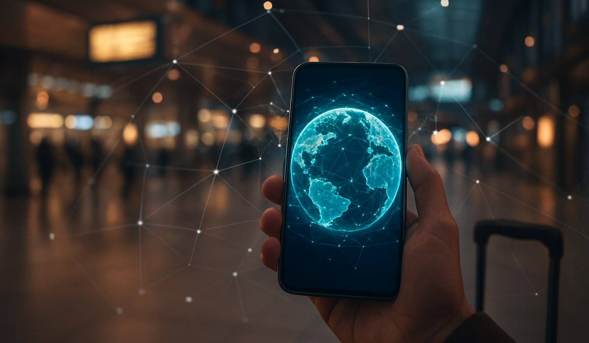 Traveler checking smartphone for connectivity at international airport terminal, 2026