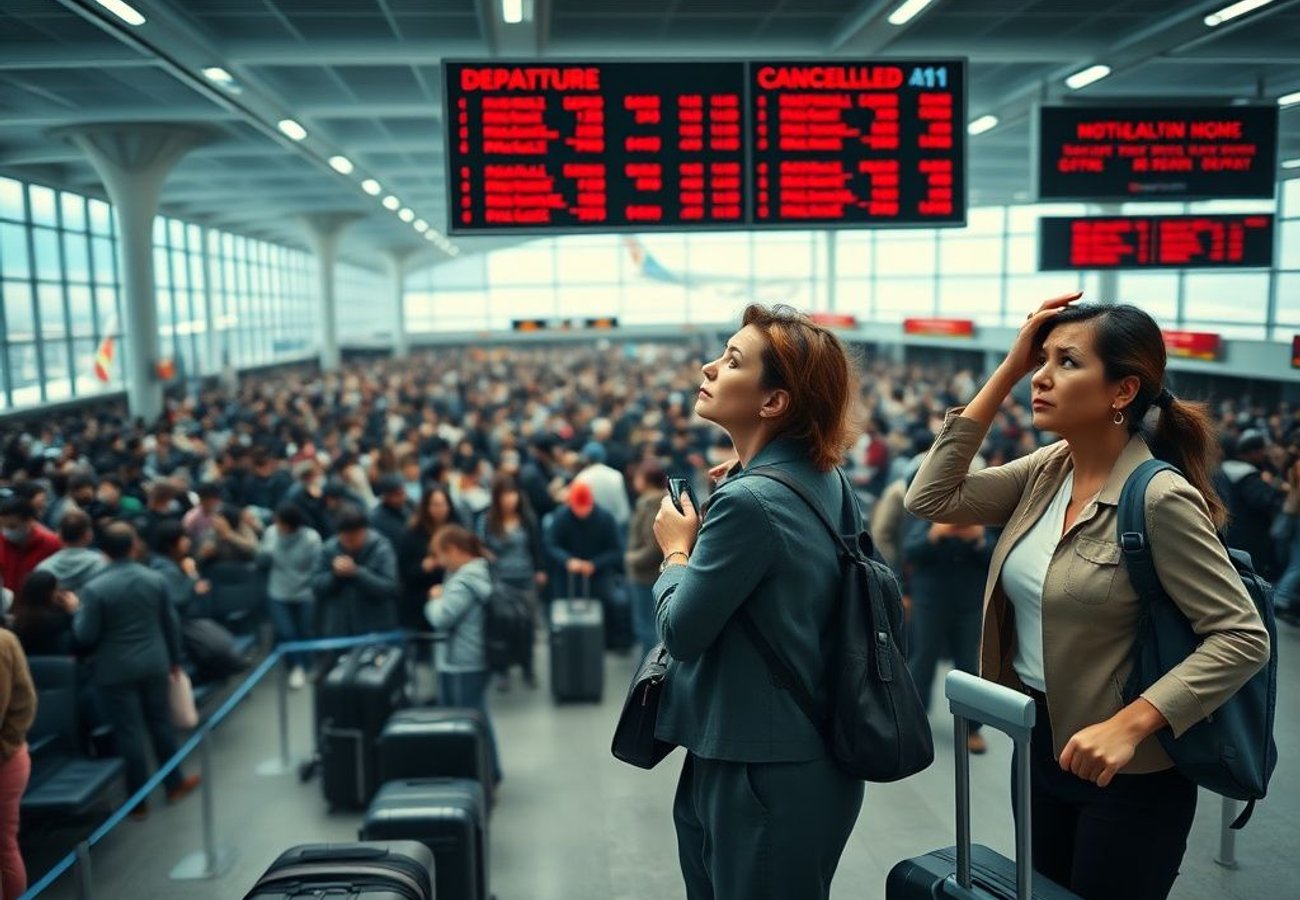 Travelers queuing at biometric border control kiosks with facial recognition displays at international airport terminals