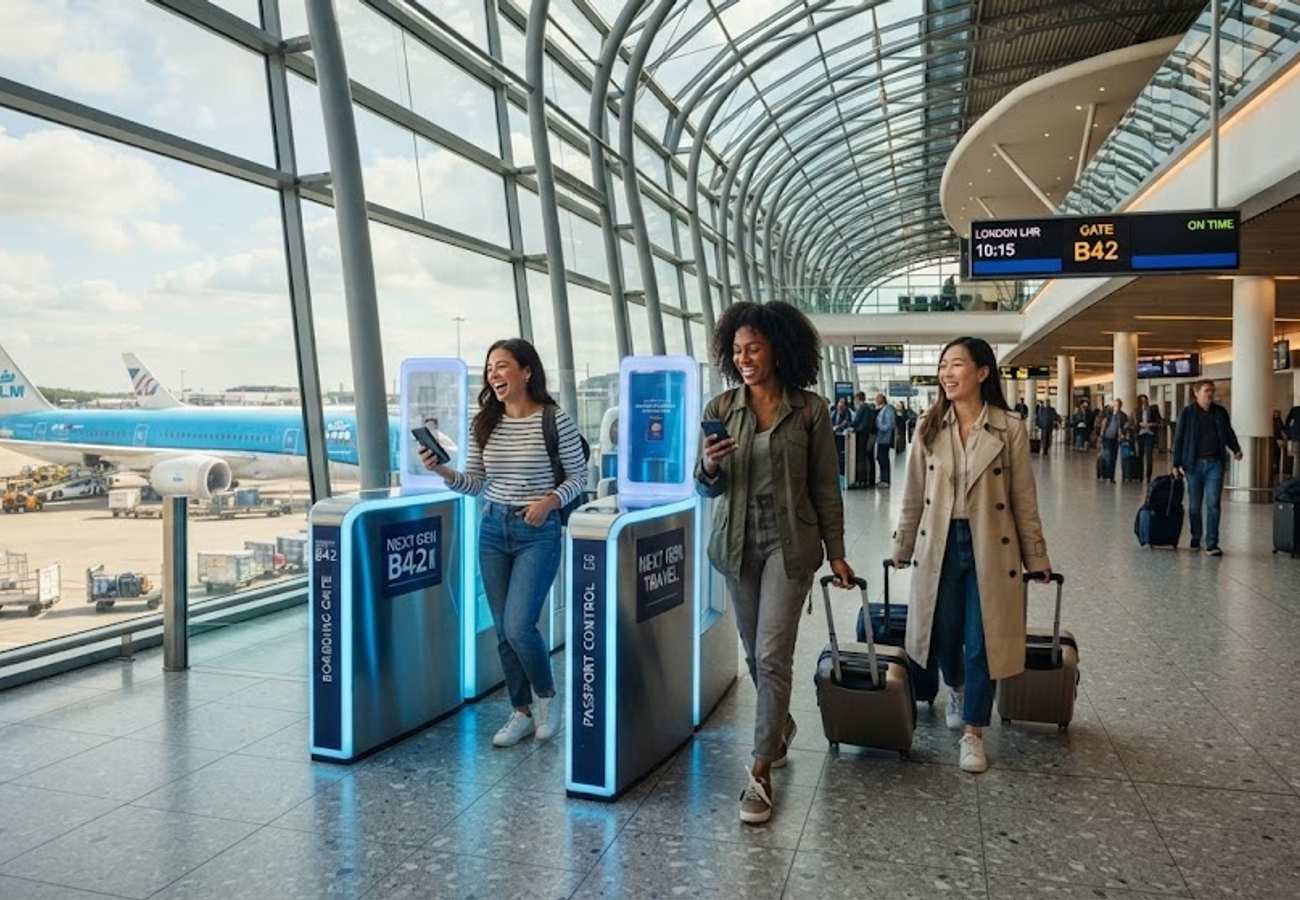 Collage of European airport terminals, biometric systems, aircraft, and modern infrastructure representing airport operations growth