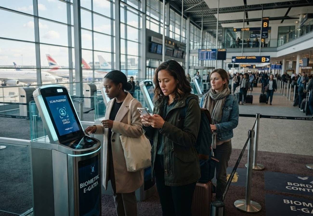 Digital biometric scanner at European airport border control terminal