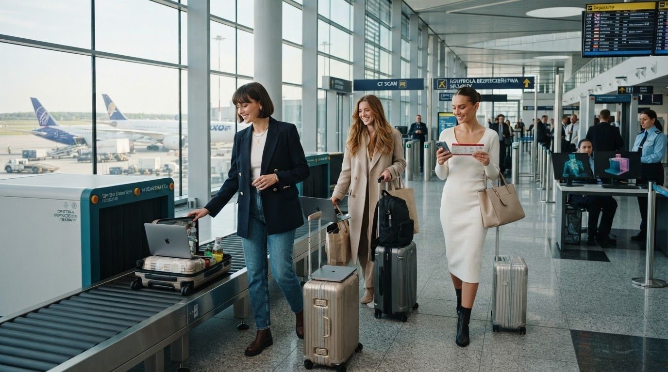 A passenger placing their luggage into a security bin at a modern airport terminal equipped with high-tech scanners.
