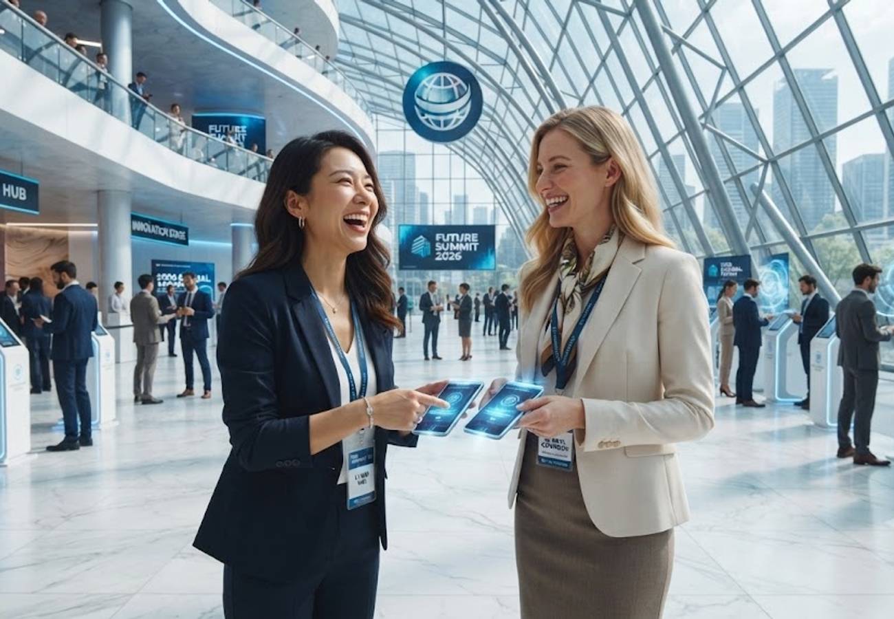 Smart delegate card with NFC technology and AI-powered networking interface at international business conference