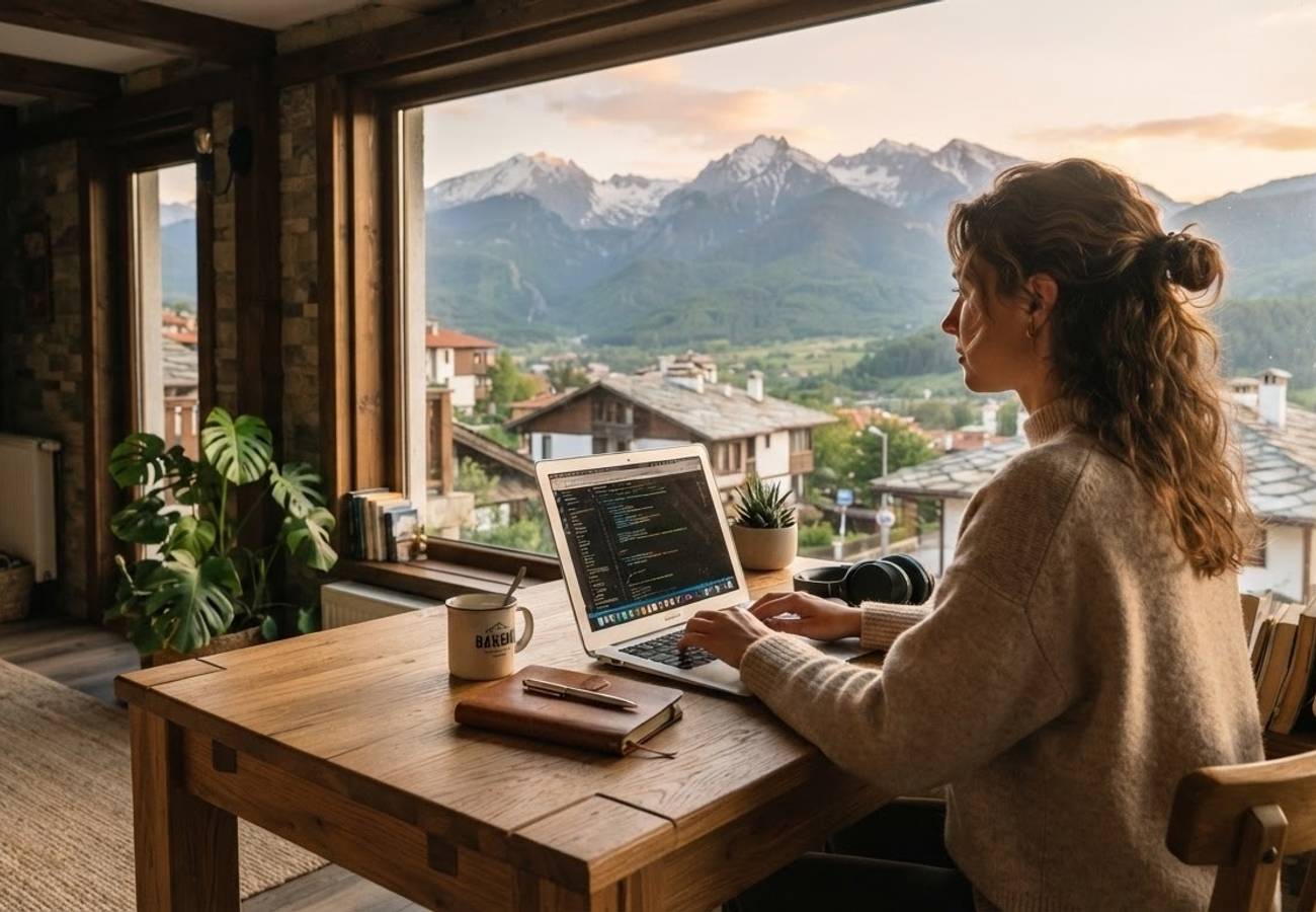 Sofia skyline and Bansko mountains representing Bulgaria digital nomad hubs