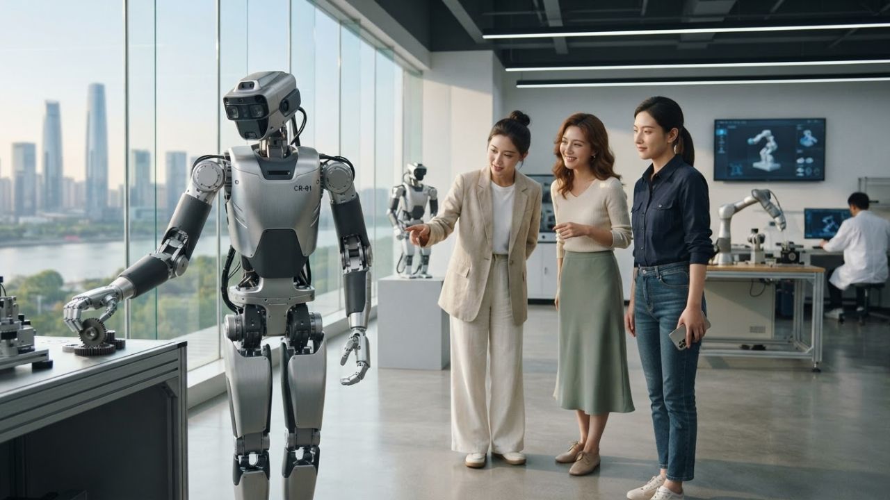 A sleek humanoid robot standing in a modern technology exhibition hall.