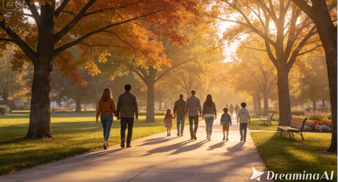 Polished high-resolution AI generated image of people walking through a sunlit autumn park created with Dreamina Seedream 5.0 Pro