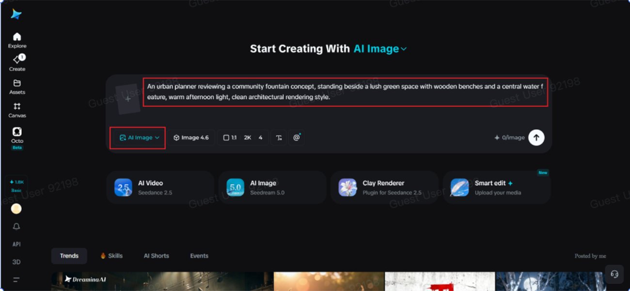Dreamina AI interface step 1 prompt input box showing custom text prompt entered