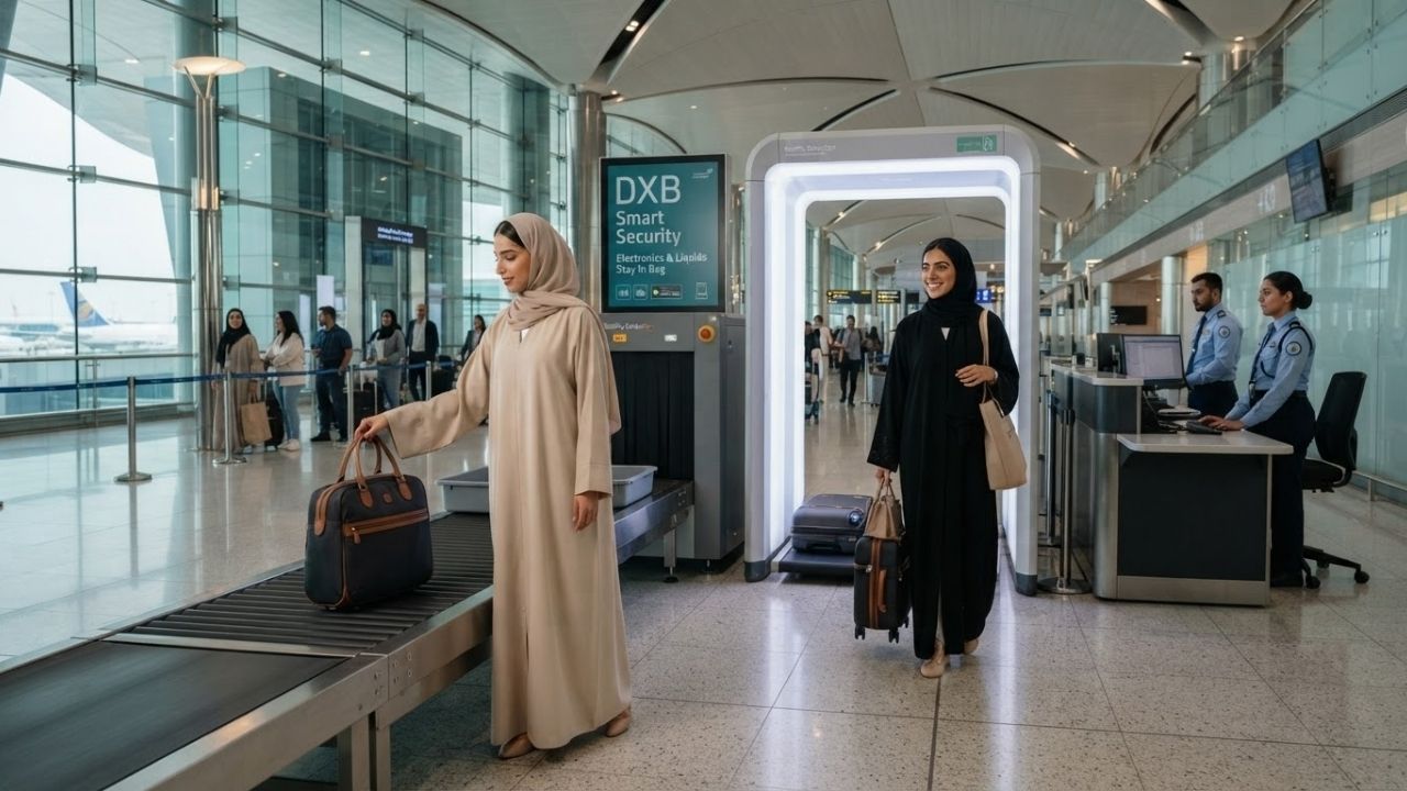 A passenger placing their luggage on a modern airport security scanner belt under clean bright lighting.