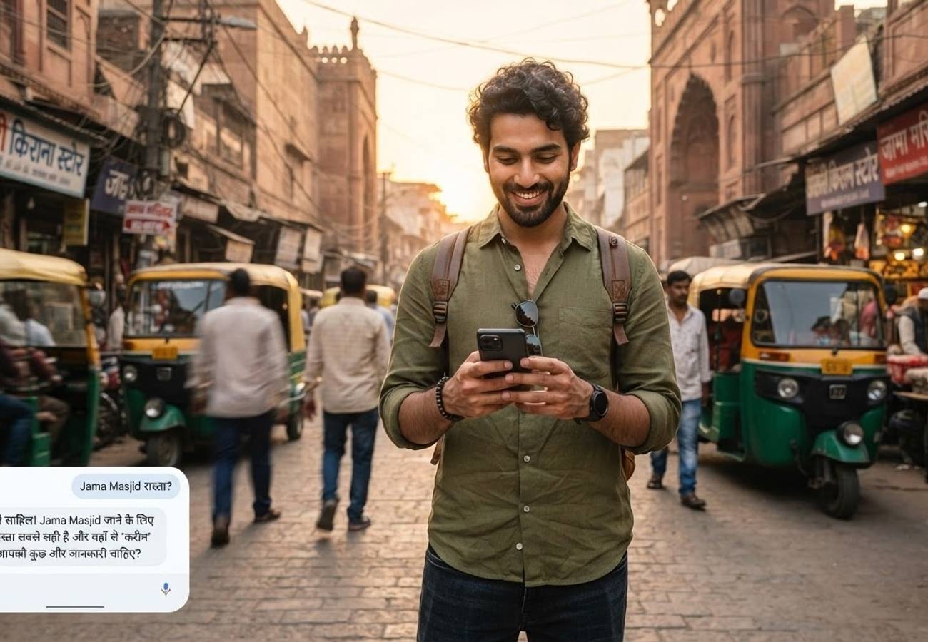 Smartphone displaying Google Maps AI interface with Hindi text prompts