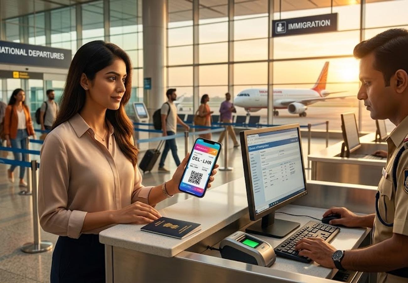 Digital boarding pass on a smartphone at an Indian airport immigration counter