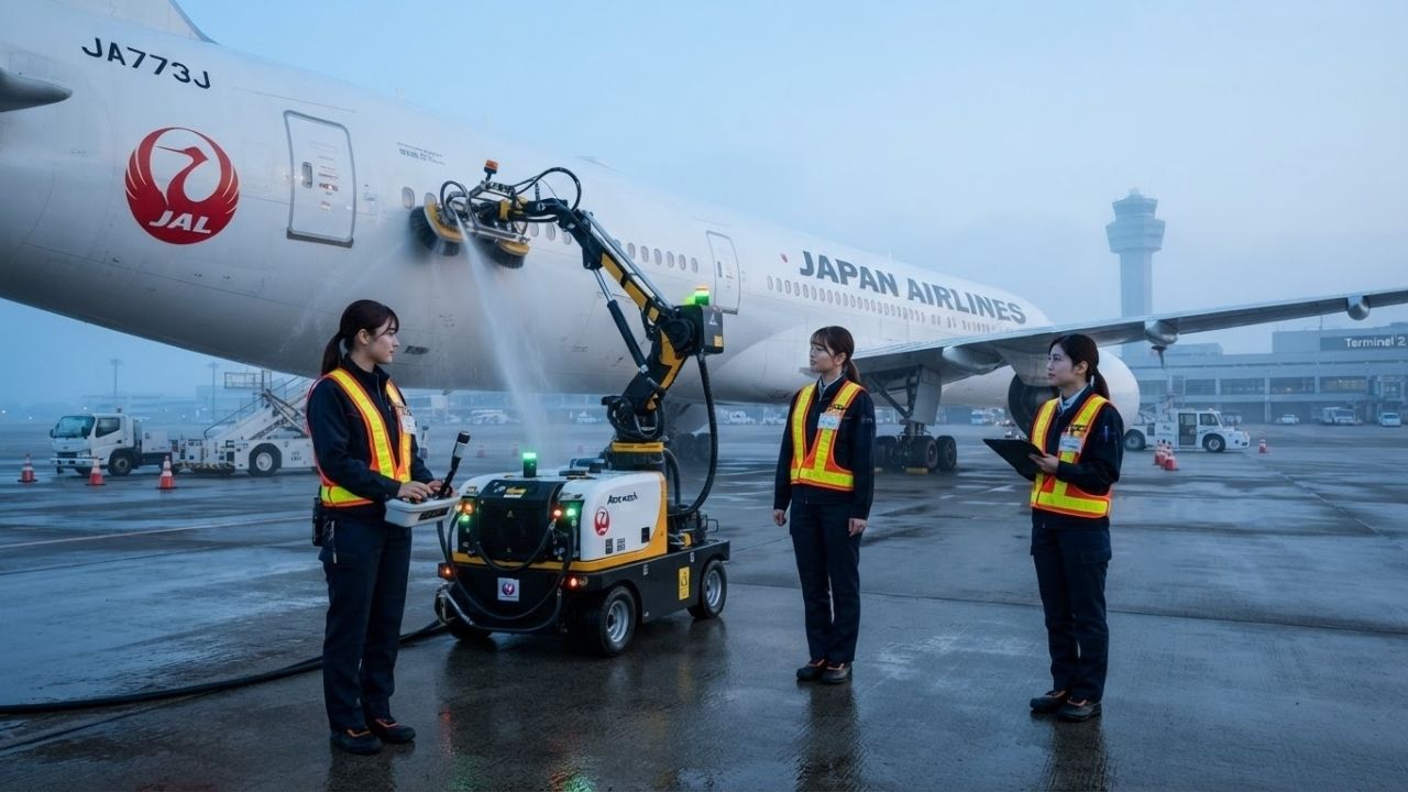 A high-tech robotic washing arm cleaning the fuselage of a parked passenger aircraft