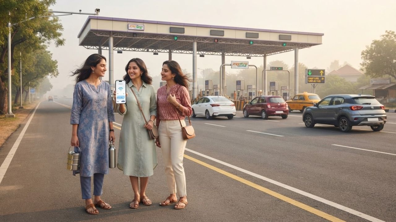 A vehicle passing through an NHAI toll plaza in India equipped with digital FASTag scanning infrastructure, representing the Rajmargyatra app local pass system now active at 121 plazas in 2026
