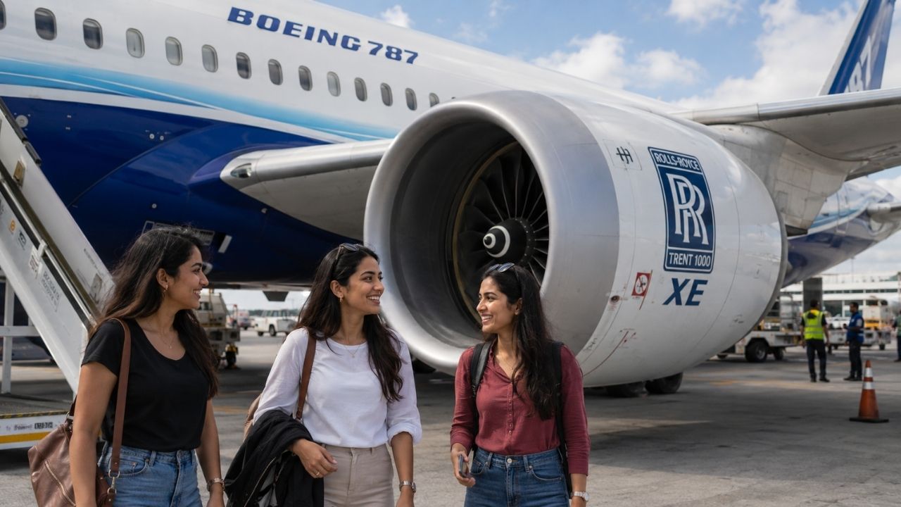 A detailed view of a large commercial aircraft jet engine mounted under the wing.