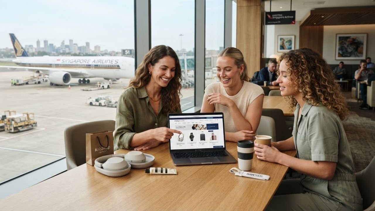 A customer browsing premium retail products on a tablet with a coffee next to them.