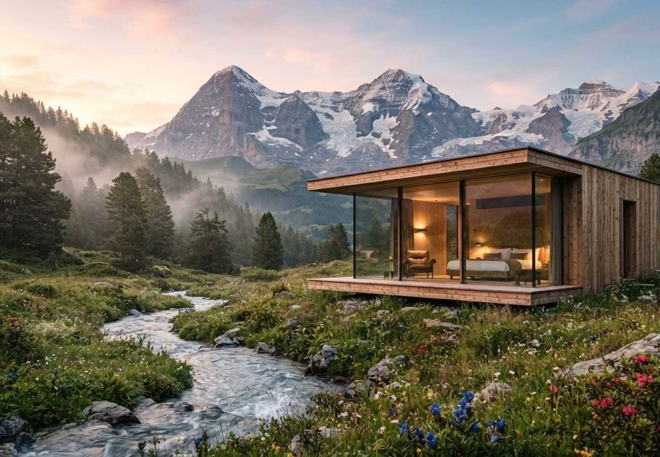 Modern eco-friendly luxury hotel suite integrated into a Swiss natural landscape